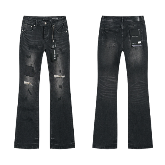 Black Washed Flared Denim Jeans with Patchwork Distressing